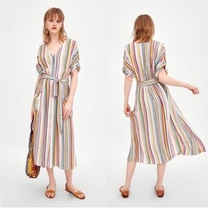 Zara TRF Rainbow Striped Linen Summer Midi Dress Size Small
